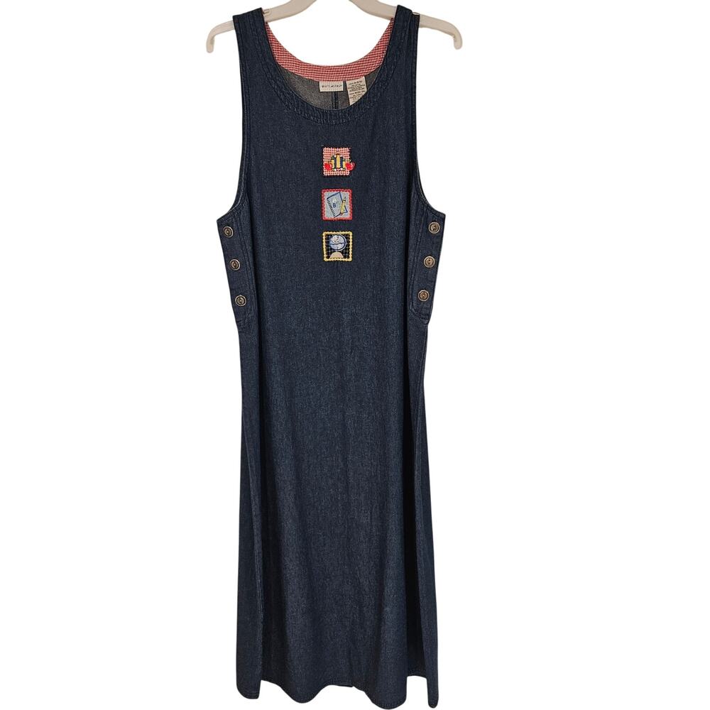 Vintage 90s White Stag Denim Maxi Jumper Dress School Teacher Patches Shift Sz M